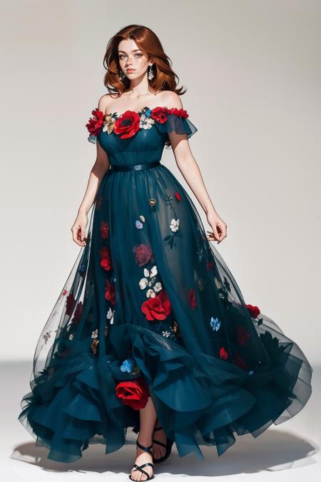 blu3fl0w3rdr3ss, bare shoulders,standing,full body,roses,flowers,blue dress,strapless dress,long dress <lora:blu3fl0w3rdr3ss:0.75>  <lora:detail_slider_v4:1> <lora:Fr3ckles:0.8> Fr3ckles,  ginger hair, long hair,  grey eyes, freckles, 1girl, <lora:age_slider_v20:1> large breasts,  <lora:weight_slider_v2:0.8>  white background,