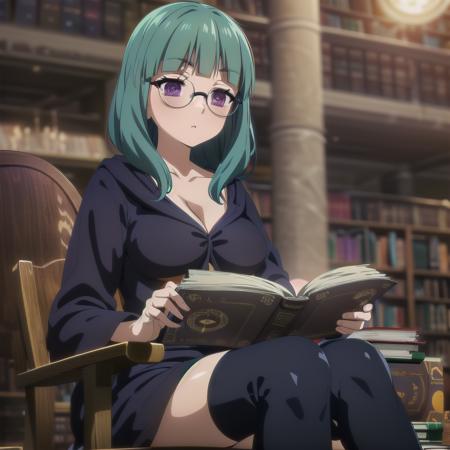 <lora:winnie_peach_v1(bg_sv4_bg):1>  winnie_olis, 1girl, solo, round eyewear, green hair, medium hair, blunt bangs, purple eyes, collarbone, cleavage, large breasts, black robe, short dress, thigh boots, sitting, reading
fantasy, library, indoors
BREAK
bookshelf, floating book, bookstack
BREAK
magic, magic circle