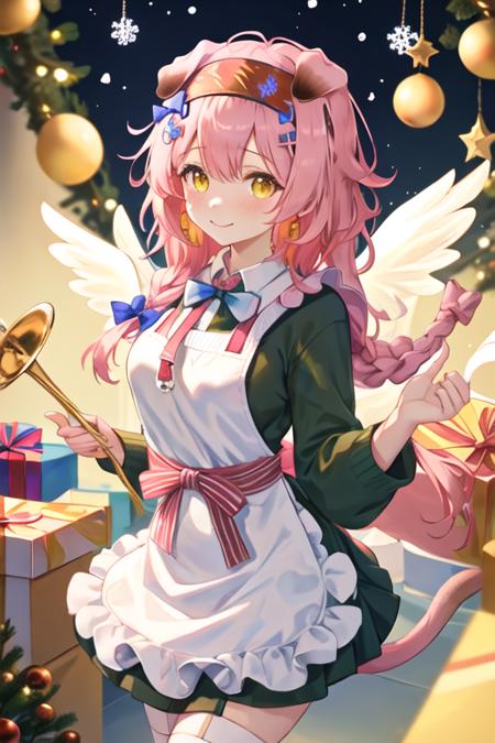 best quality, masterpiece, highres, solo, {goldenglow_arknights:1.15}, animal_ears, pink_hair, cat_ears, long_hair, hairband, yellow_eyes, bangs, braid, bow, hair_bow, black_hairband, cat_girl, blue_bow, blush, upper_body, smile, closed_mouth, floppy_ears, 1girl, green_sweater, holding, instrument, looking_at_viewer, red_bow, red_hairband, sweater, wings, cat_tail, official_alternate_costume, red_shirt, red_sweater, tail, trumpet, christmas, green_bow, long_sleeves, tail_bow, tail_ornament, pom_pom_\(clothes\), apron, floral_print, flower, hair_rings, shirt, white_wings