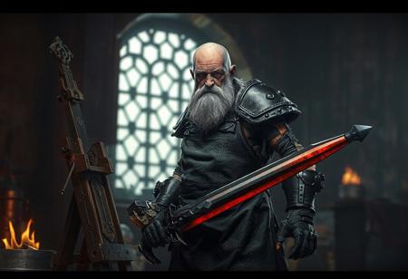 A full body view of an old cyber male warlock, from the Warhammer 40k universe, with a Burning Soul Sword, standing at an easel wearing a blacksmith apron. The setting has a dark color scheme, and the warlock is depicted as a terminator without flesh, with dwarven features from the '20s. Enhance the artwork with high-resolution, 4K quality, lifelike details, sharp lines, harmonious colors, dynamic action pose, captivating lighting, vivid emotions, and a golden ratio composition. Utilize advanced rendering techniques such as Octane Render, Unreal Engine 5, Raphael Style, and Houdini Style. Add a powerful message, beautiful detailed eyes, and showcase the artwork on CGSociety and Artstation trending on ArtstationHQ.