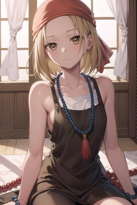 anna kyouyama, blonde hair, short hair, (brown eyes:1.5), bandana, beads, black dress, dress, prayer beads,