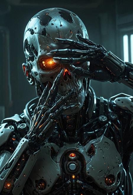 ((covering eyes, shy:1.25)), Cyberpunk, sci-fi, dark-fantasy, kodak portrait 400, 8k, soft light, volumetric lighting, highly detailed, britt marling style 3/4, portrait photo of a war man cyborg robot in a chemical laboratory + face, face is skullbone with scares, intricate, elegant, highly detailed, devil-armor, 2D motifs detailed dark fantasy digital painting, artstation, concept art, smooth, sharp focus, illustration, art by Otomo Katsuhiro and ShirA Masamune and Oshii Mamoru. Cosmic light in backfront,