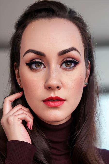 photo of sydneyw, ((dark brown hair, )), a woman, ((turtleneck sweater)), ((closeup, portrait)), ((conference room)),((red lipstick,eyeliner, eye shadow, blush)), ((best quality, masterpiece, extreme details, high resolution):1.2),((detailed eyes, beautiful eyes, detailed face, beautiful face):1.2)