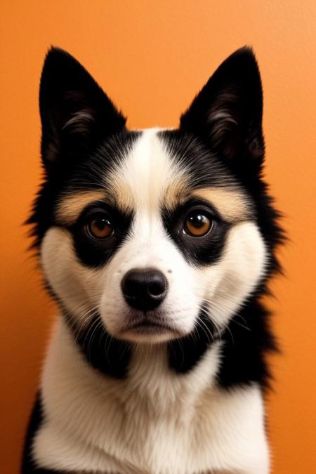 A close-up minimalist illustration of a black dog with striking yellow-orange eyes peeking from behind an orange wall. The artwork features smooth, clean lines and a subtle texture, emphasizing the cat's playful expression. The creamy beige background complements the orange accent, creating a harmonious and modern aesthetic.