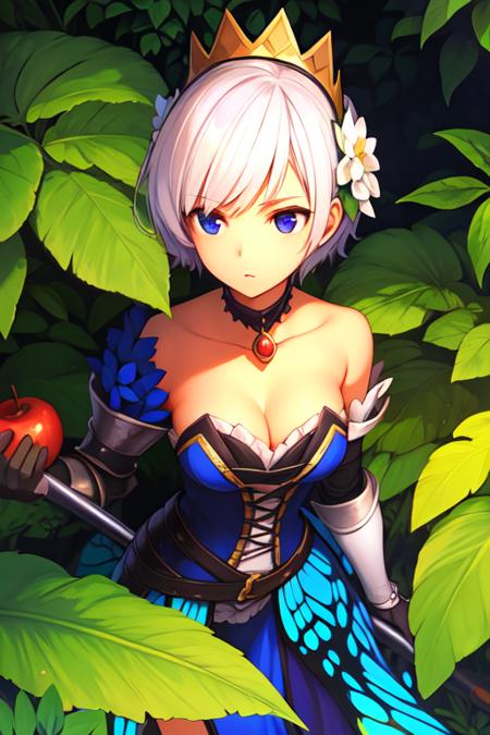 ((extreme detail)),(ultra-detailed),extremely detailed CG unity 8k wallpaper, best quality, masterpiece, 1girl, short hair, white hair, blue eyes, hip wings, strapless dress, crown, holding polearm, detached sleeves, choker, armored thigh boots, feather hair buns, apple, bug, butterfly, grass, hydrangea, leaf, mushroom, nature, plant, looking away, looking up, from above,<lora:OdinSphereStylev2:0.7>odinspherestyle,