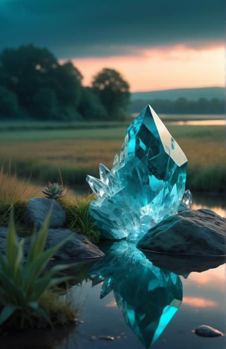 (realistic fantasy art,photography,sharp focus,magical:1.2)
a clear crystal outcropping in a serene field with a river in the distance at dawn,glittering plantlife,teal,lightning,