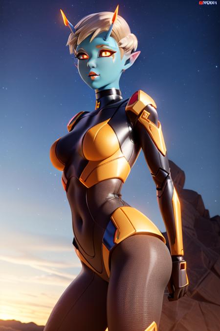 1girl, solo, wearing clothes, standing, looking_at_viewer, short_hair, red_eyes, horns, choker, pointy_ears, orange_eyes, glowing, colored_skin, star_\(sky\), covering, posing, android, mechanical_parts,  looking at viewer, blue skin, <lora:Joey:0.7>