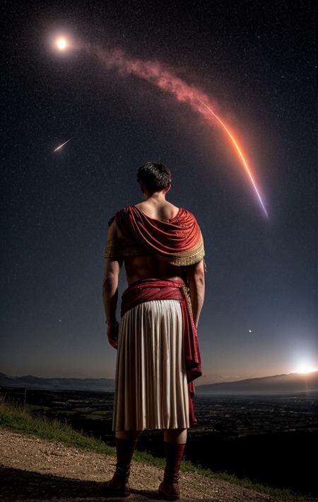 [Official Roman Empire] photo of an ((Roman Caesar with a bright comet with tail behind him))(phi golden ratio composition)BREAK [sombre occult Roman palace setting], [government ceremony], [pomp in abundance] (SURREALISTIC lighting) BREAK [low camera angle], [large format bellows camera with telephoto lens], in the style of [National Geographic magazine]<lora:MoreDetails:1> <lora:BetterHands:2>