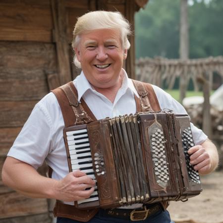 score_9, score_8_up, score_7_up, trump_ice, looking at viewer, 1boy, closed mouth, upper body, tank top, white hair, blurry background, realistic, old man, Donald Trump wearing lederhosen, and short shorts, playing wooden accordion, Bavarian hat, smiling