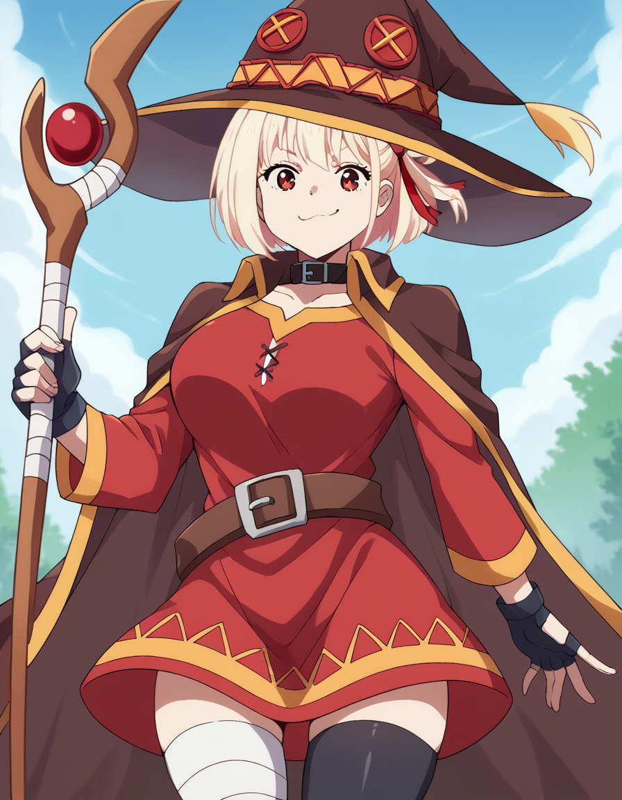 A young woman with short blonde hair and red eyes dressed in a brown witch hat with red and gold trim, a red dress with yellow geometric patterns, a black choker, brown cape, and fingerless gloves. Her dress is cinched at the waist with a brown belt and buckle, and she holds a wooden staff with a red gem on top. The background shows a bright, blue sky with white clouds and green foliage. 