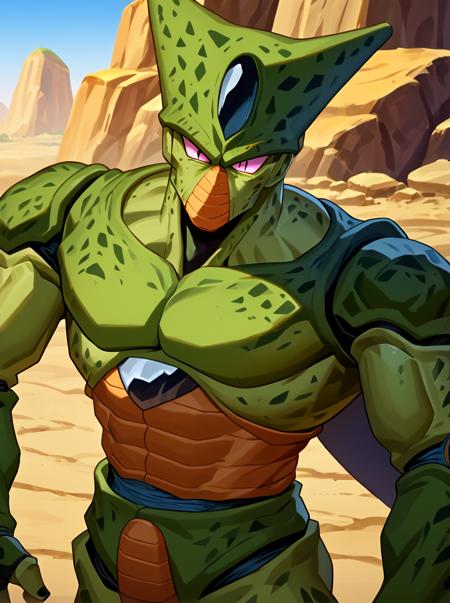 green skin villain evil imperfect cell dragonball z android indomitable green body 1boy male focus solo fingerless gloves tail looking at viewer sky colored skin day outdoors upper body blue sky simple background standing no humans border