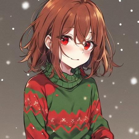 chara undertale red eyes brown hair short hair striped shirt