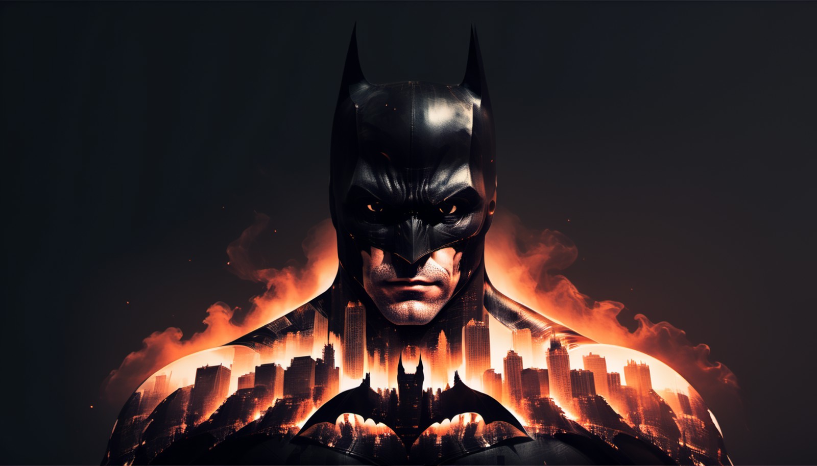 double exposure style, closeup of batmans face, gotham city on fire, black background