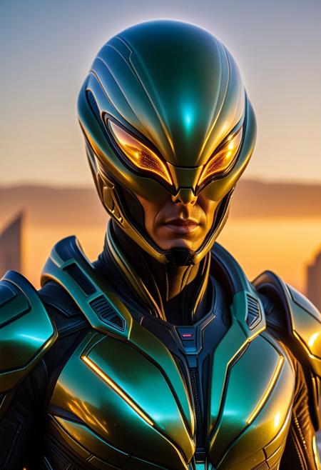 32k photo-realistic, high definition, hyper-realistic full-frame photo of a Non-Human Special Forces Super Model in a Sci-fi genre, depicting a Medium close-up shot of a hyper-realistic brave alien superhero, intricate head Alien futuristic design, wearing iridescent armor that shimmers under a twin sunset. The superhero's expression is fierce, showcasing sharp features and glowing markings on their skin. The background features a sprawling alien city with towering crystalline structures and vibrant flora. The lighting is a blend of warm golden hour and bioluminescent glows from the surroundings, emphasizing the details of the hero's costume and the rich textures of the alien environment.