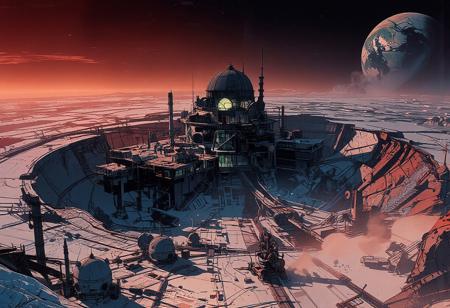 Aerial view from a great height of a massive lunar crater spanning several kilometers. A scientific research station, almost a futuristic city and a mining extraction facility, stands at the heart of this vast lunar basin.
The station’s architecture is sleek and harmonious, composed of glass and steel. A grand building with a colossal astronomical observatory dome towers over numerous other structures, many of which have small domes or cupolas. Multiple platforms host residential and research facilities, with scattered lights, intricate staircases, and antennas spread throughout the area. The crater’s edge is distinctly visible several kilometers away.
In the foreground, additional research domes, pipelines, conduits, and enormous mining machines contribute to the bustling activity across the plain. The sky is intensely illuminated as the sun sets, casting an orange and bluish glow over the frozen city. The air is frigid, with ice crystals drifting in the wind, lifting snow and dust just above the ground. In the vast expanse of space, Earth can be seen setting on the horizon.