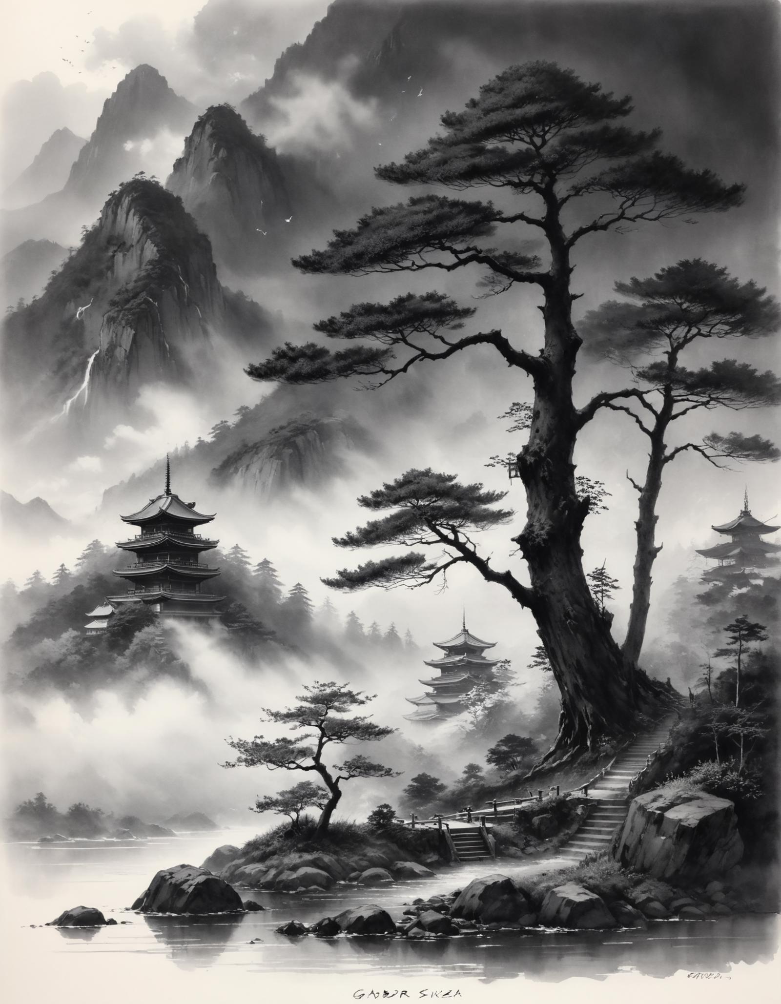 An Asian mountain scene with rocky steps and a tree.