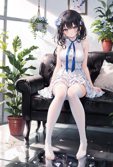 masterpiece,best quality,absurdres,
1girl,beautiful detailed girl,fine and beautiful detailed skin,perky breasts,microskirt dress,white legwear,thighhighs,
(extremely detailed beautiful background:1.1),indoors,flower pot,potted plant,full body,
ray tracing,reflection light,