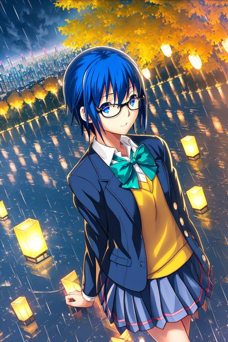 <lora:CielTsukihime-000002:0.8> tsukihimeciel, 1girl, full body, blazer, blue_bow, blue_eyes, blue_hair, bow, bowtie, glasses, jacket, school_uniform, short_hair, solo, standing on path, rural area, skyscraper, city, cityscape, building, city lights, scenery, night, skyline, architecture, bridge, sky, lantern, east asian architecture, star (sky), night sky, snowing, pagoda, starry sky, tower, outdoors, rooftop, rain, cloudy sky, cloud, clear face, black skirt,