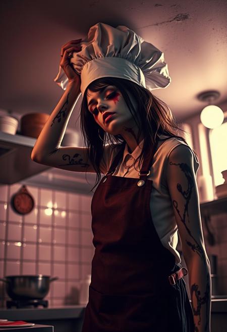 retro filter, Goth zombie girl, tall, bending, hitting the ceiling, chef on the kitchen , very earie and calm expression, (closed eyes),  tar coming out of the eyes, apron and tall chef's hat, retro horror style, UHD, head tilt,