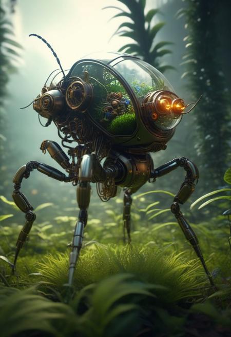 a small insect that is standing in the grass, he transport a terrarium in his back, 3d render beeple, mechanical vegetal cyborg, futuristic robot organisms, steampunk robot ant, steampunk insect, in the art style of filip hodas,  cyber steampunk 8 k 3 d, beeple. octane render, 3 d render stylized