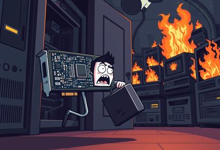 Dramatic action chase closeup, Comic with flat shading, dark server room, A motherboard graphics card from a computer with a panicked face with two metal thin legs holding a suitcase while running away out  of door, open computer case in background, burning computer, chaos, many burning computers