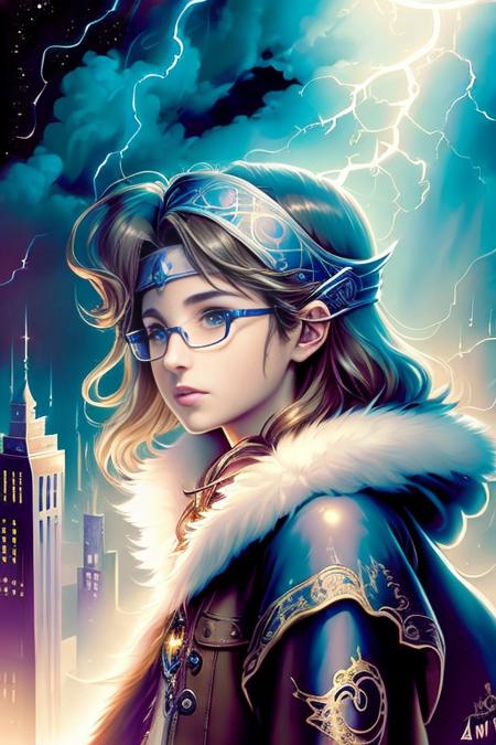 thunderstyle <lora:thunder_model:0.85> ((best quality)), ((masterpiece)), (detailed), hlcivil, solo, glasses, headband, brown eyes, brown hair, coat, perched on a cloud, (fantasy illustration:1.3), enchanting gaze, captivating pose, delicate scars, otherworldly charm, mystical sky, (Luis Royo:1.2), (Yoshitaka Amano:1.1), moonlit night, soft colors, (detailed cloudscape:1.3), (high-resolution:1.2), city background