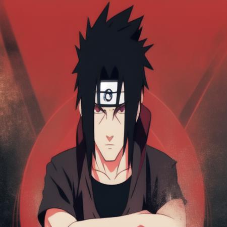 1boy, armor, black hair, black shirt, crossed arms, hair between eyes, long hair, looking at viewer, male focus, solo, spiked hair, upper body, ((sharingan, mangekyou sharingan))  <lora:Naruto_fanart_anylora-40:1>