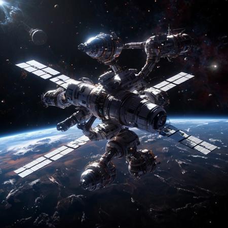 Design a breathtaking scene set in the vastness of space, where a futuristic spaceship is gracefully docking with a massive space station. Imagine this spacecraft as a marvel of human engineering, with sleek lines, glowing accents, and an array of advanced technologies on display. The space station, a towering structure with intricate details and multiple docking ports, serves as a bustling hub of interstellar activity.

As the spaceship aligns perfectly with the docking bay, highlight the intricate dance of mechanical arms and magnetic locks securing the two structures together. Add a dramatic touch with a vibrant nebula glowing in the background, its vivid colors contrasting the dark void of space. Enhance the sense of depth and movement with stars streaking across the scene, creating a captivating starfield.

Include subtle lighting effects to showcase the reflective surfaces of the spaceship and space station, emphasizing their metallic sheen. Perhaps add a few smaller vessels or spacewalkers nearby, providing a sense of scale and additional visual interest. The overall composition should evoke a sense of wonder, showcasing the beauty and excitement of space exploration and the potential of human ingenuity in the future.

