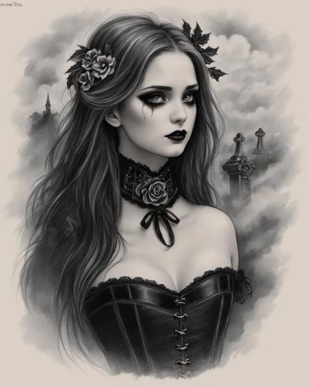 (traditional painting), (drawing), (traditional illustration), (pencil style), (hand drawn with charcoal)
monochrome, sketch
1girl, black dress, breasts, choker, cloud, colored sclera, corset, eyelashes, flower, fog, hair ornament, injury, leaf, lips, long hair, looking at viewer, makeup, nude, profile, sky, solo, tombstone, traditional media, vampire
 <lora:Victoria_Frances_v2_XL:1>