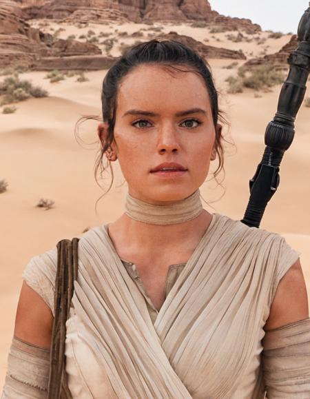 sksjedi, 1girl, solo, looking at viewer, holding, male focus, parted lips, signature, staff, realistic, realistic, desert, professional, 4k, highly detailed <lora:Rey:1.2>