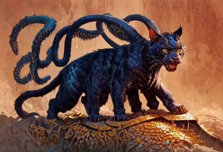 score_9, score_8_up, score_7_up,score_6_up, style_comic, rating_questionable, a tiny adorable panther curled up on a huge skull, short fur, large yellow cat eyes, displacer beast, 2 tentacles, feline body, indigo fur, iridescent fur, 
Background gold and silver coins, treasure