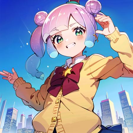 masterpiece, best quality, (1girl, solo),
gal puniru, 1girl, pink hair,, skirt, smile, solo, mini hat, slime girl, hair bun, multicolored hair, blue hair, hat, cardigan, monster girl, gradient hair, mini top hat, green eyes, pleated skirt, twintails, school uniform, bow, top hat, black skirt, looking at viewer, long hair, double bun, grin, miniskirt, bowtie, blush
<lora:GalPuniru:0.65>
blush,
((((( outdoors, city, upper body, dynamic pose, looking at viewer, )))))