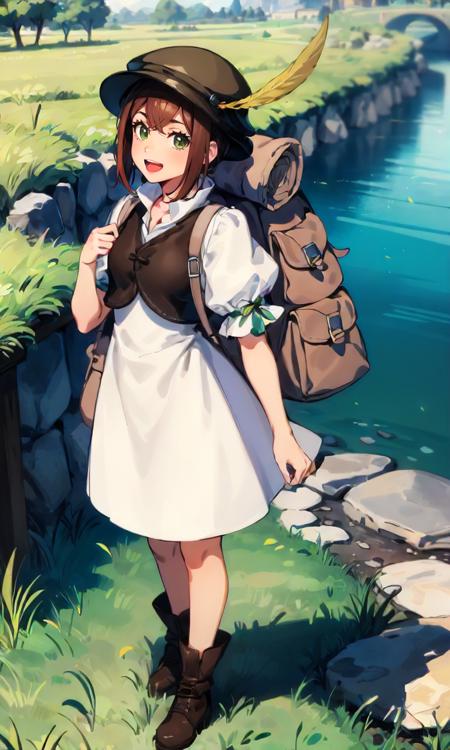 1girl, solo, full body, standing, river, grass, tressa, hat feather, white dress, backpack, boots, :D<lora:octopath_tressa:1>