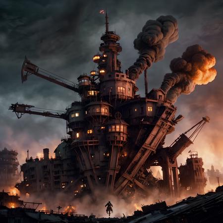 destruction, (warzone:1.1), quadruped city, landscape, steampunk, menacing, (lone warrior against giant:1.2)