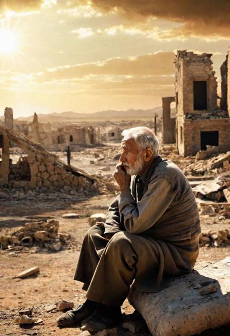 Profoundly detailed illustration, heart-wrenching composition!! An old man with a face telling a thousand stories, sitting amidst the remnants of a war-torn landscape. His eyes, brimming with tears, reflect the profound sadness and the weight of memories he carries. The background, a hauntingly beautiful yet devastated battlefield, tells the tale of conflict and loss. The setting sun casts a somber light over the shattered ruins, highlighting the scars of war with a dramatic interplay of shadows and fading light. The double exposure technique adds depth to the image, blending the stark reality of the war-torn background with the intense emotions etched on the old man's face. Every wrinkle, every tear, and every piece of debris in the background is rendered with ultra-detailed precision, creating a poignant atmosphere that is almost tangible. The scene transcends mere visual representation, capturing the essence of sorrow and the lasting impact of war in a way that is both abstract and deeply real. The colors are muted yet powerful, contributing to the overall sense of melancholy and reflection, making it not just an image, but a masterpiece that speaks volumes of unspoken narratives.