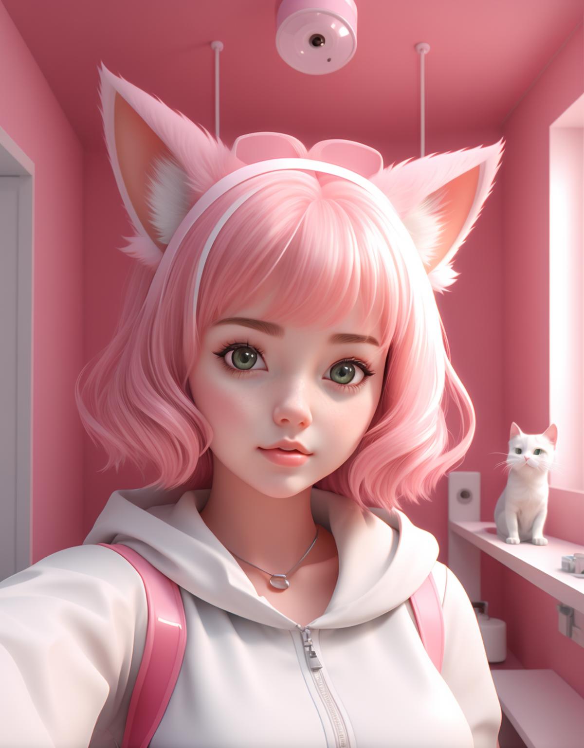 Anime girl with pink hair and pink ears wearing a white hoodie and holding a pink backpack.