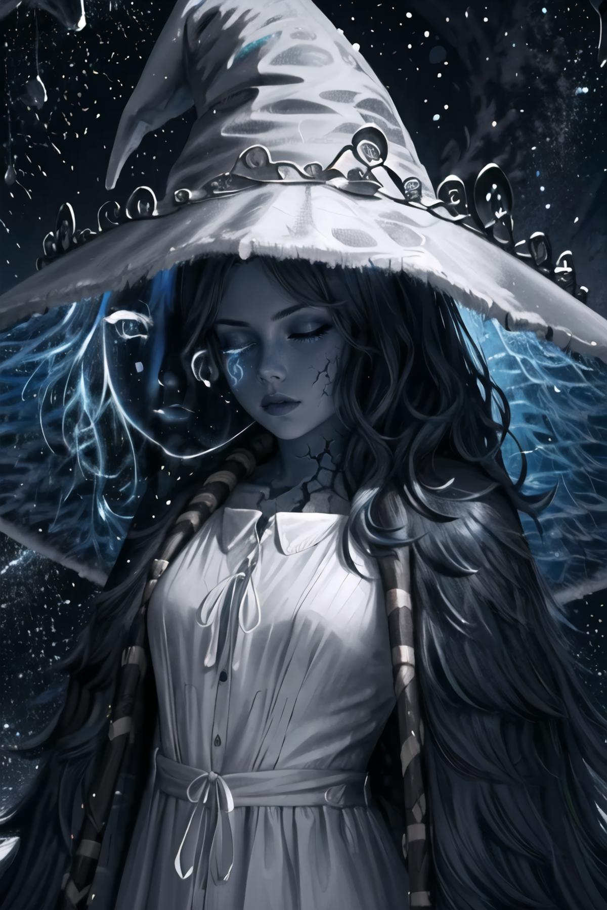 Artwork of a woman in a white dress and witch's hat.