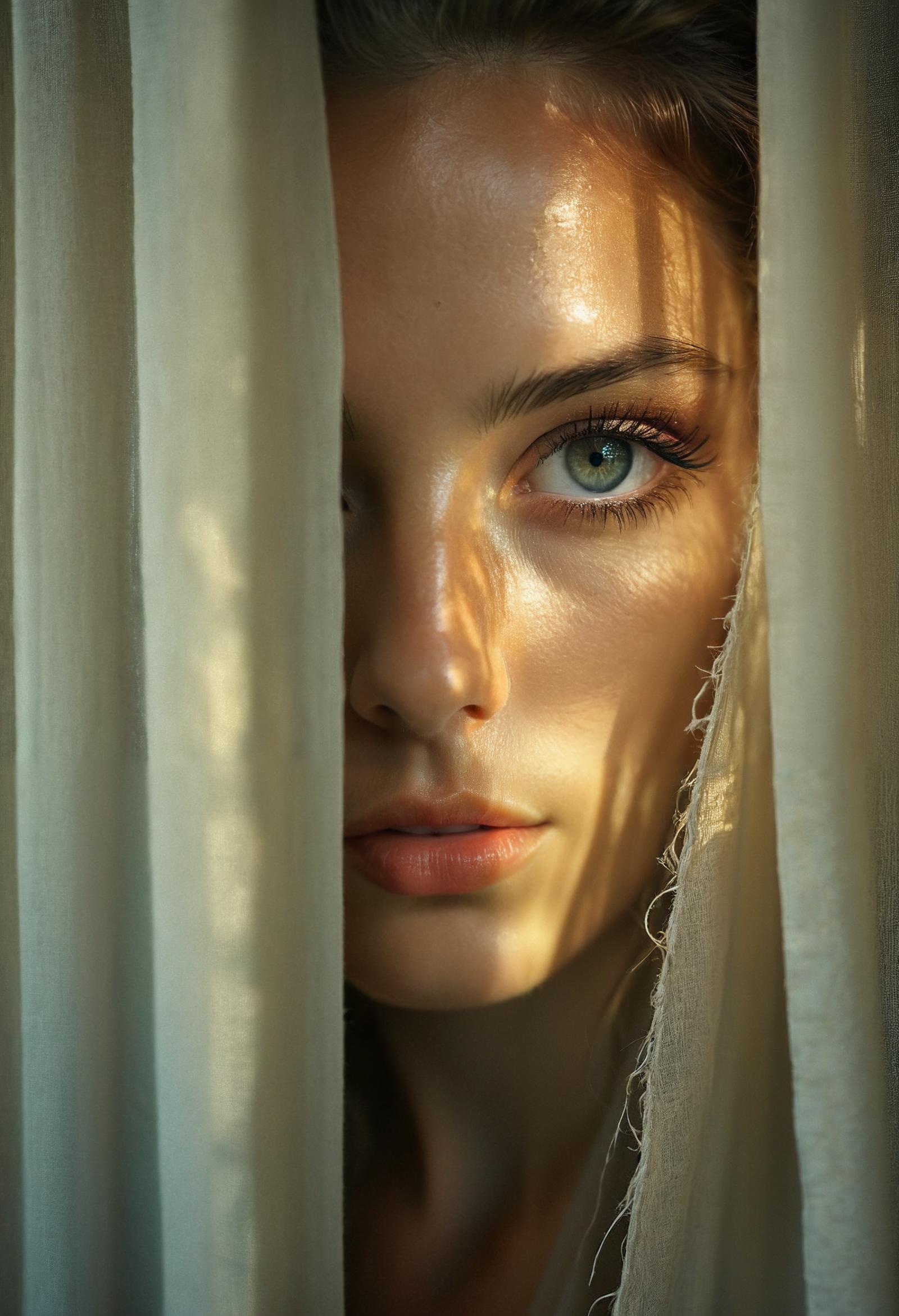 A woman with blue eyes peeking out from behind a curtain.