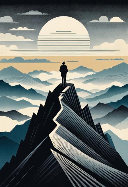 A lone enigmatic figure standing on a mist-covered mountain ridge, structured graphic abstraction, narrative linocut aesthetic, geometric pattern play, mid-century illustration meets formalist precision, stylized architecture with abstract geometry, flattened perspective, optical tension, modernist printmaking, rhythmic line and form, monochrome and muted palettes, abstract spatial illusion, illustrative charm with non-objective depth, decorative modernism, visual balance of form and story, textural shape layering