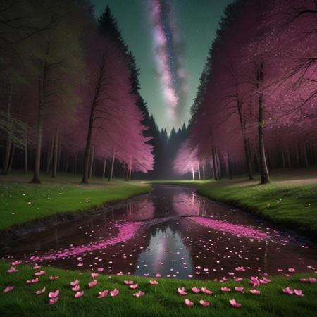 Cherry forrest, clear in the center of the forest, raining, night, dark, pink trees, small river in the center, green grass and a few pink petals scattered evenly on the ground, shooting star