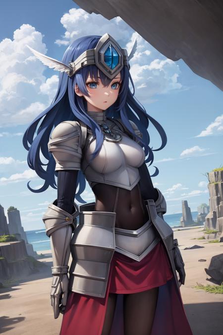 best quality, (masterpiece:1.2), illustration, absurdres,
(1girl, solo),  (beautiful detailed girl),
<lora:Ennea-08:0.8>, blue hair, long hair, wavy hair, blue eyes, medium breasts, armor, armored_dress, winged visor, wing ornament, bodysuit, black_bodysuit, pantyhose, armored_boots, greaves, red skirt, red waistcloak, relaxed, gentle (astonished )(cowboy shot), (legs apart) (inside a mysterious mystical cave with colorful plants),  (fantasy:1.2), (floating dust particles) (stalagmites and rock formations), sky and clouds visible from hole in roof, godrays, raytracing