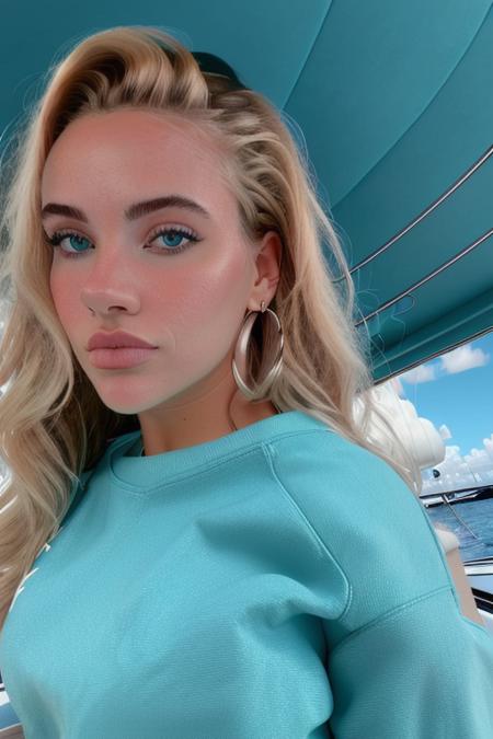 a stunning woman on an expensive yacht, perfect vacation, pale, looking at camera, in a cute teal sweatshirt, (extreme close up, perfect face), (happy), raw, 8k uhd,  <lora:juultjeTieleman:1>