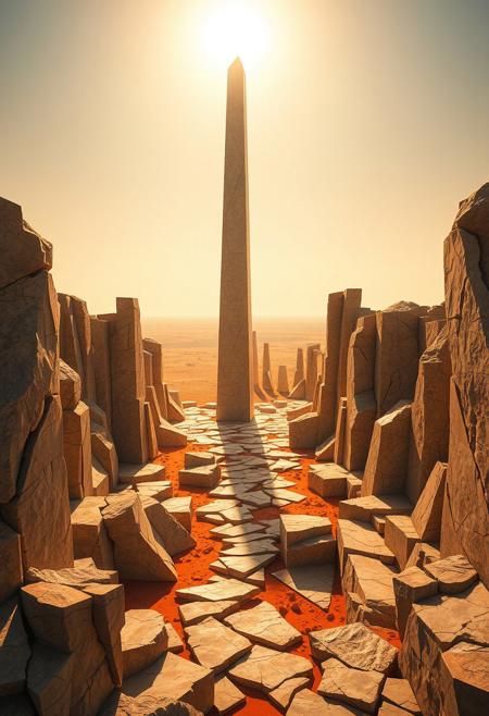 (ugly:-1.3), sculptural and angular, (cartoonish:-1.1), infinite geometry in stone, intersecting planes of stone and landscape, oranges, minimal organic details, sharp angular edges, fragmented surfaces, (noisy:-1.1), (smooth surfaces:-1.4), (emphasis on complex geometric obelisk forms:1.6), (polished:-1.3), flowing yet sharp surfaces, exaggerated geometric structure, savannah, photorealism, (bad composition:-1.3), high resolution, (disjointed anatomy:-1.3), (overly ornate:-1.5), (blurry:-1.2), vibrant colors across surfaces, fractured terrain surrounding the obelisk, multichromatic oil pastel hues reflecting in harsh sunlight, rigid and brutalist structure, yellows, saturated earthy tones, deep reds,obelisk, recursive shapes along the obelisk, glowing light from the horizon, sharp geometric shadow forms, dystopian vibe, (low quality:-1.2), intricate fractal patterns, interlocking polygonal faces, unsettling