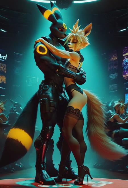 score_9, score_8_up, score_7_up, femboy Cloud Strife with short blonde hair, wearing sapphire armor, small breasts, wearing sci-fi armor lingerie, wearing 6-inch clear-acrylic platform high-heels, (hugging) a muscular male anthro Umbreon with black fur, standing in a cyberpunk style casino.
Masterpiece.
textured skin, detailed fur.
Cyberpunk scheme. Casino background.
Well lit. Dark blue and orange color scheme.
<lora:pony/expressiveh:0.8> expressiveh