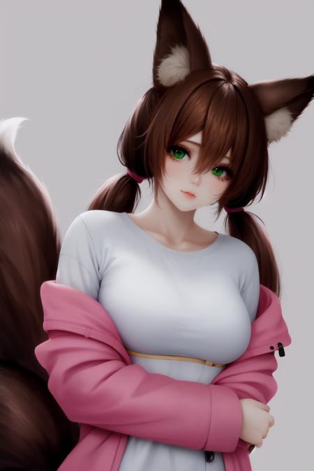 skistyle, 1girl, animal ears, tail, fox ears, solo, green eyes, fox tail, fluffy, animal ear fluff, multiple tails, long hair, brown hair, twintails, looking at viewer, fox girl, pink jacket, tail hug, jacket, hair between eyes, large tail, bangs, off shoulder, upper body, simple background, closed mouth, shirt, white shirt, pink cardigan, long sleeves