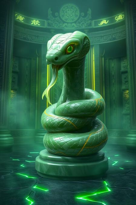 jade_snake. A surreal image of a jade snake wrapped around the pedestal of an ancient, glowing jade statue in a misty temple. The snake’s body appears carved from pure jade, with veins of gold and emerald running through it. Its eyes glow softly, as if alive, and its tongue flickers like a beam of light. The temple walls are covered with intricate carvings and glowing runes, and faint green light emanates from cracks in the stone floor. The atmosphere is mystical and sacred, as if the snake is an eternal guardian.