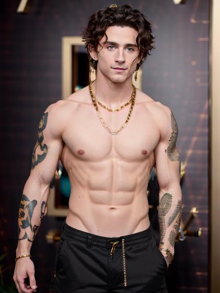 t1m0thee,  shirtless, muscular, abs, veins, wearing a (gold chain:1.2), tattoos, 8k uhd, dslr, high quality, film grain, Fujifilm XT3, black shorts
<lora:TimotheeDoguV1:0.92>