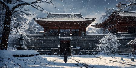 DMD, scene, scenery, snow, tree, outdoors, architecture, east asian architecture, stone lantern, stairs, bare tree, lantern, snowing, statue,