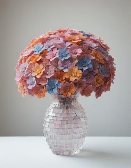 A vibrant bouquet of flowers, each petal made from mad-shingles, arranged in a crystal vase. <lora:Shingles_SDXL:1>