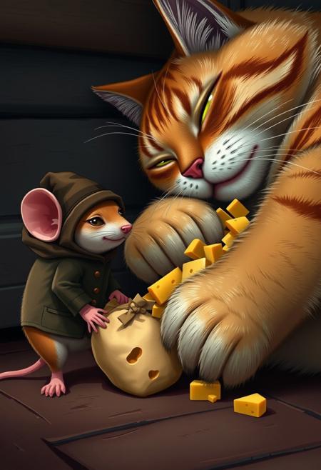 "Comically realistic scene: a tiny mouse, dressed in a miniature burglar's outfit, attempts to sneak past a gigantic sleeping cat, carrying a sack overflowing with pilfered cheese. However, the mouse is oblivious to the fact that the cat is actually wide awake, with one eye slyly open and watching the mouse's every move. The cat's paw is subtly extended, pinning the mouse's tail to the floor, holding it in place. The mouse's face is contorted in concentration, its beady eyes fixed on the prize, while the cat's expression is a masterclass in feline stealth and cunning. The surroundings are dimly lit, with shadows and textures adding to the comedic tension. Style: highly detailed, comically exaggerated, and full of personality, with a focus on capturing the humor and absurdity of the situation."